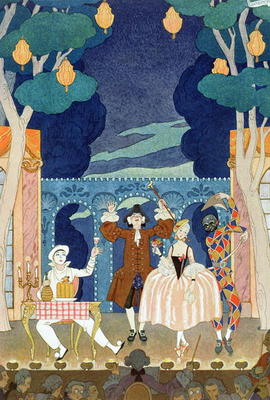 Pantomime Stage, illustration for 'Fetes Galantes' by Paul Verlaine (1844-96) 1924 (pochoir print) à Georges Barbier