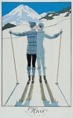 L'hiver : Les amoureux dans la neige, planche de mode tirée de "La France du XXe siècle", 1925 