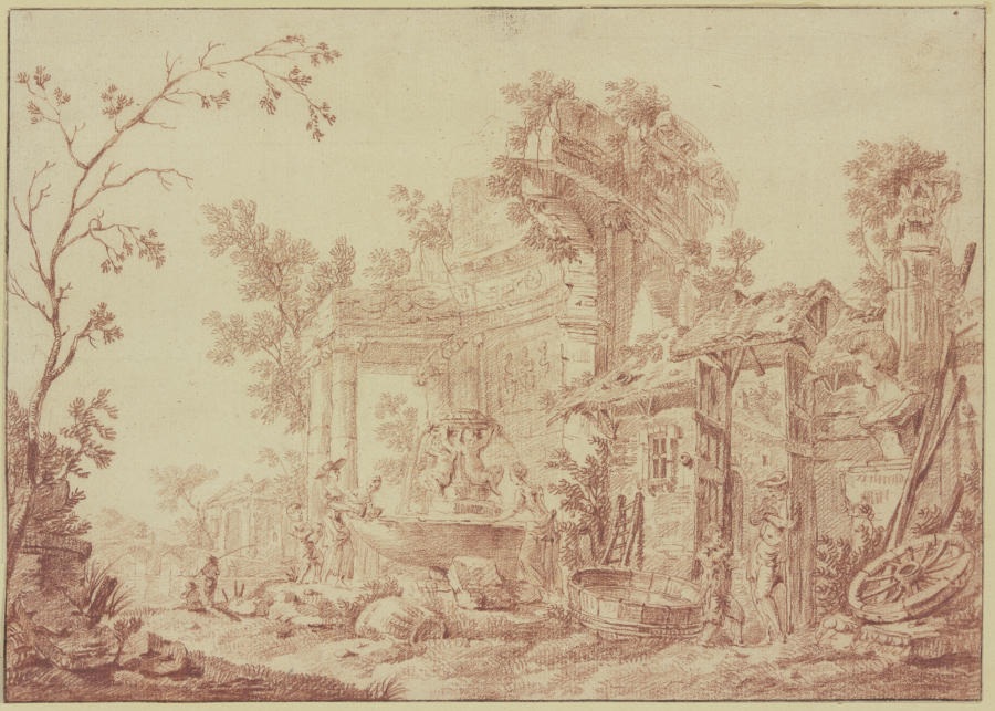 Unter römischen Ruinen ein Brunnen mit zwei Amoretten, an welchem Wäscherinnen beschäftigt sind à Georges-François Blondel