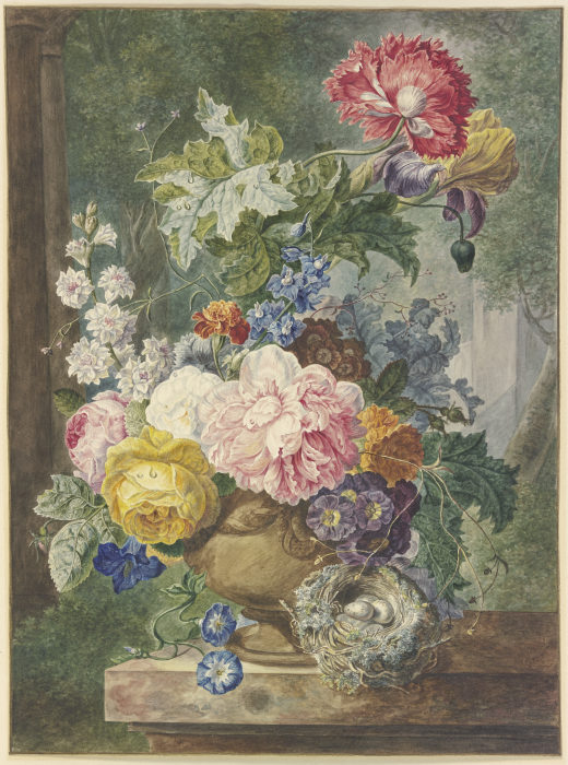 Blumenstrauß in einer Vase, dabei ein Vogelnest à Georgius Jacobus Johannes van Os