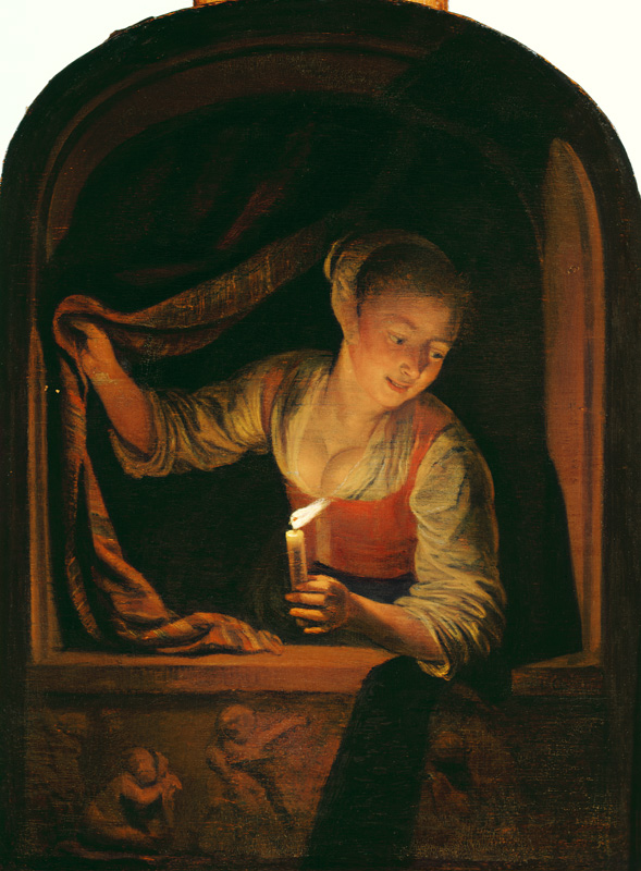 Woman with a lighted Candle at a Window à Gerard Dou