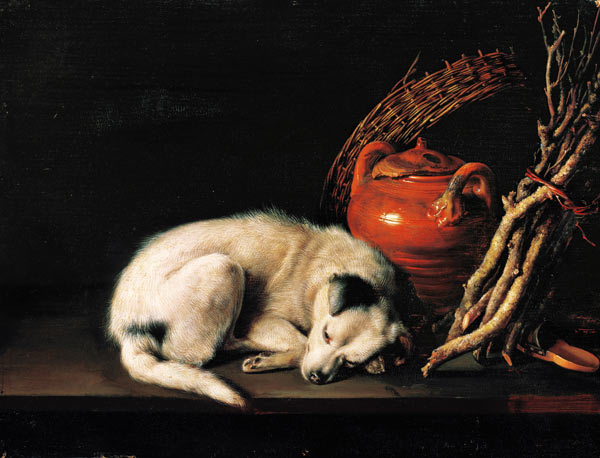 Ein schlafender Hund neben einem Terrakottakrug, einem Korb, einem Paar Clogs und Zündholz à Gerard Dou