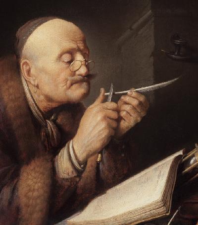 Scholar sharpening a quill pen