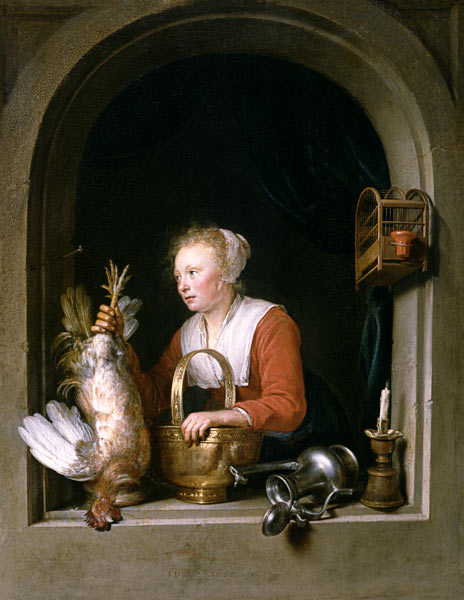 Femme accrochant un coq a sa fenetre (dit aussi La Menagere ou La Cuisiniere Hollandaise) à Gerard Dou