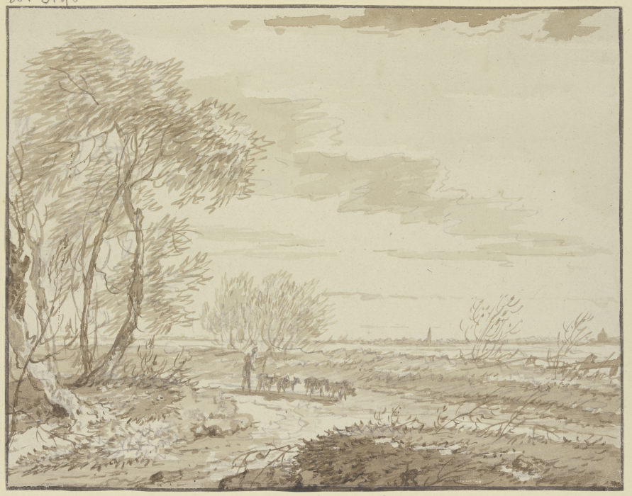 Landschaft mit Fernsicht, links Bäume, auf dem Weg eine Schafherde à Gerard van Nijmegen