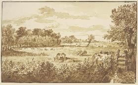 Waldwiese mit Vieh, rechts am Zaun der Hirte