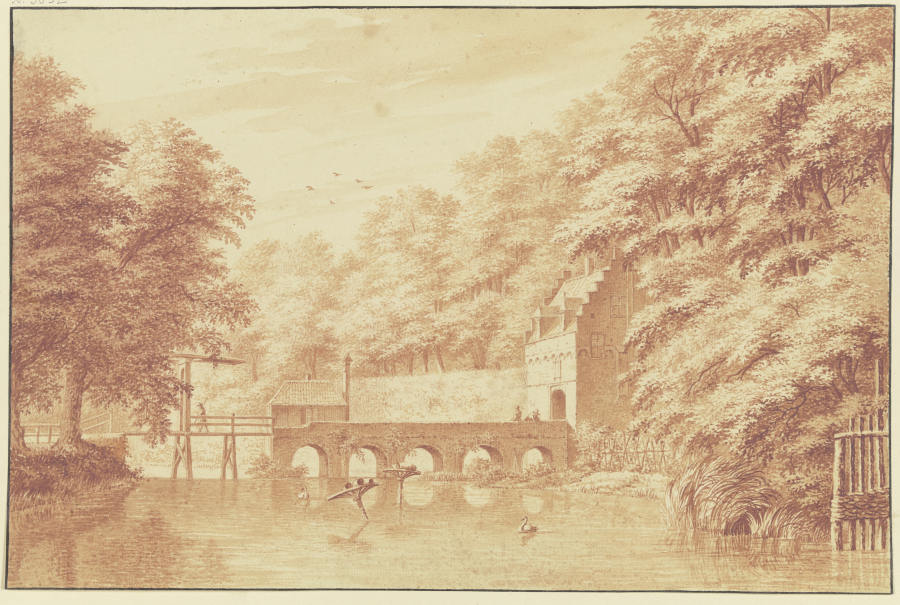 Über ein Wasser führt eine Steinbrücke von fünf Bögen nach einem Parktor, auf dem Wasser zwei Schwän à Gerard van Rossum