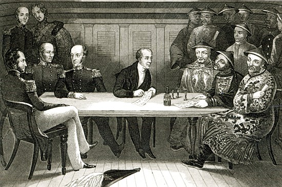 A conference at Chusan between Commodore Bremer and Chang, a Chinese official, on board the HMS Well à École allemande