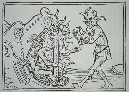 The Devil Belial before the Gates of Hell, from 'Das Buch Belial', published in Augsburg à École allemande