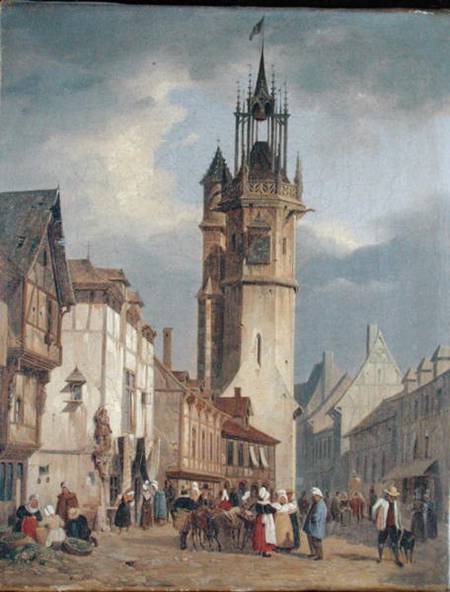 French Town Scene with a Bell Tower à École allemande