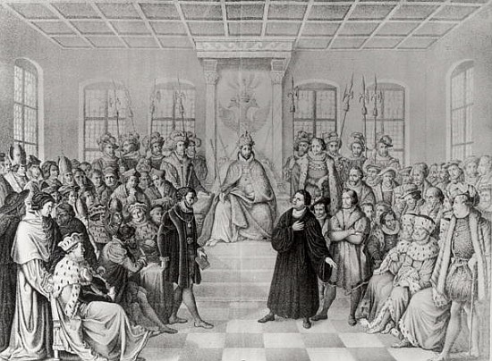 Martin Luther in front of Charles V (1500-58) at the Diet of Worms, 16th April 1521, from ''History  à École allemande