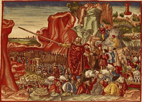 Moses parting the Red Sea, image from the Luther Bible (hand coloured print) à École allemande