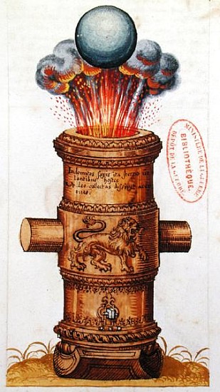 Raised cannon firing a cannonball, from ''The Art of Artillery'' à École allemande