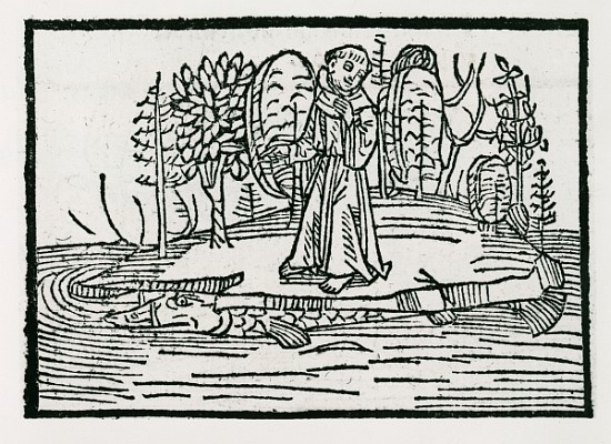 St. Brendan on the fish island, illustration from ''The Voyage of St. Brendan'' à École allemande