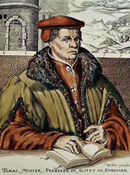 Thomas Muntzer, c.1600 (hand coloured woodcut) à École allemande