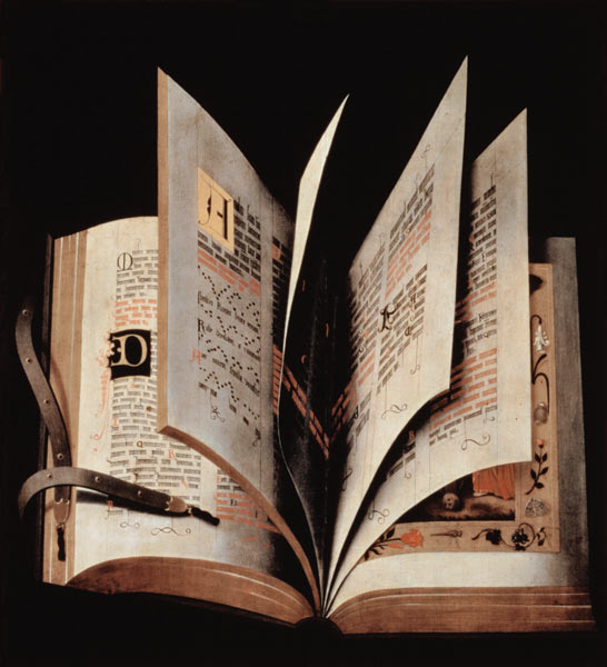 Trompe l'oeil of an open manuscript à École allemande