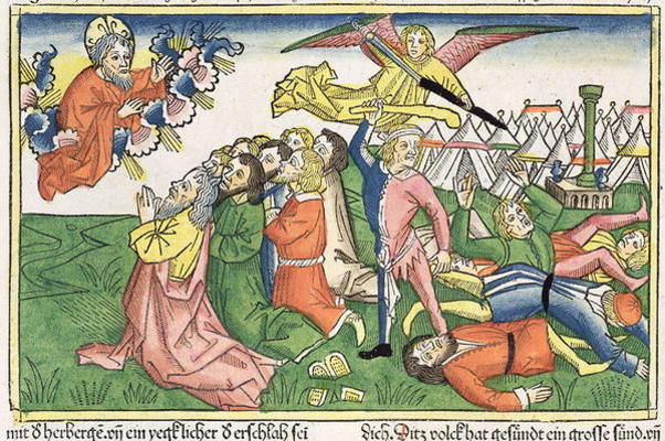 Exodus 32 15-23 Moses breaking the stone tablets (coloured woodcut) à École allemande, (15ème siècle)