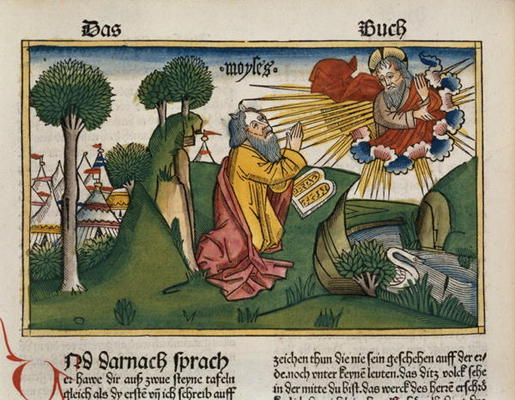 Exodus 34 1-10 Moses receives the second tablets with the Ten Commandments (coloured woodcut) à École allemande, (15ème siècle)