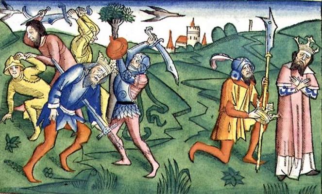 I Samuel 31 The suicide and beheading of Saul (coloured woodcut) à École allemande, (15ème siècle)