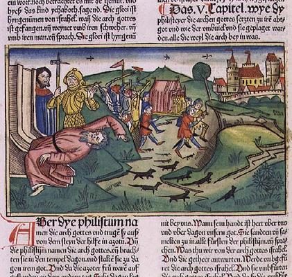 I Samuel 5:1-11 The Philistines seize the Ark and are struck by the plague (coloured woodcut) à École allemande, (15ème siècle)
