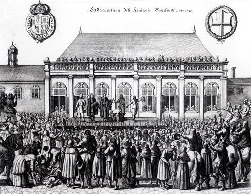 Execution of Charles I (1600-49) at Whitehall, January 30th 1649 (engraving) (b&w photo) à École allemande, (17ème siècle)