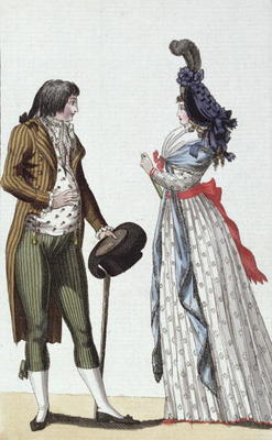 Fashionable couple of the Directoire period (1795-99) (colour engraving) à École allemande, (18ème siècle)