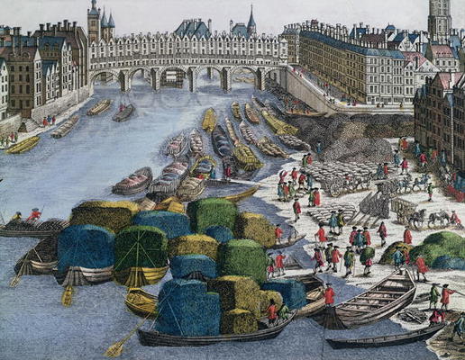 View of the Wheat Port and the Pont au Change looking upstream (coloured engraving) à École allemande, (18ème siècle)