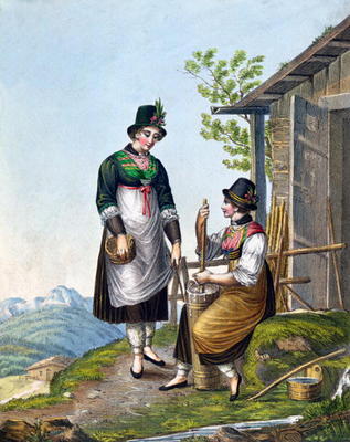 Dairymaids in the Alps near Tegernsee, early 19th century (colour engraving) à École allemande, (19ème siècle)