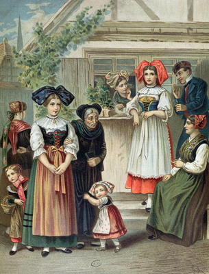 Traditional costumes of the Strasbourg region, c. 1870-80 (colour litho) à École allemande, (19ème siècle)