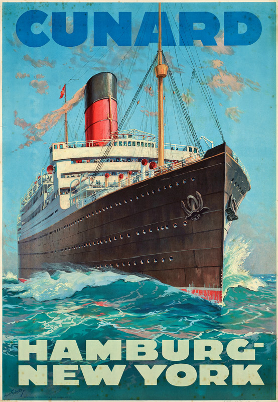 Poster advertising travel between Hamburg and New York with the shipping company Cunard à École allemande, (20ème siècle)