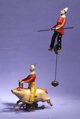 Clown on mechanical pig and tightrope walker, c.1900 à École allemande, (20ème siècle)