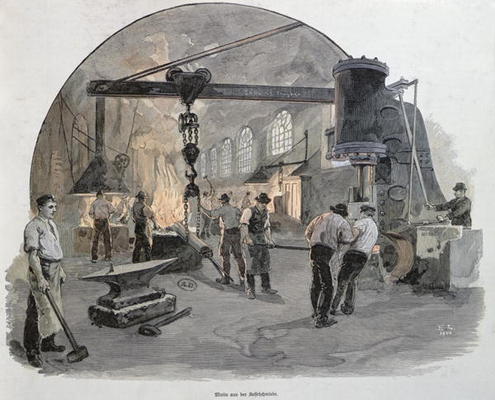 Forges at the Imperial Engineering Works at Kiel (colour engraving) à École allemande, (20ème siècle)