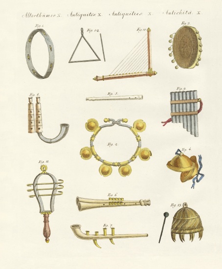 Musical instruments of the ancients -- whistles, rattles and cymbals à École allemande, (19ème siècle)