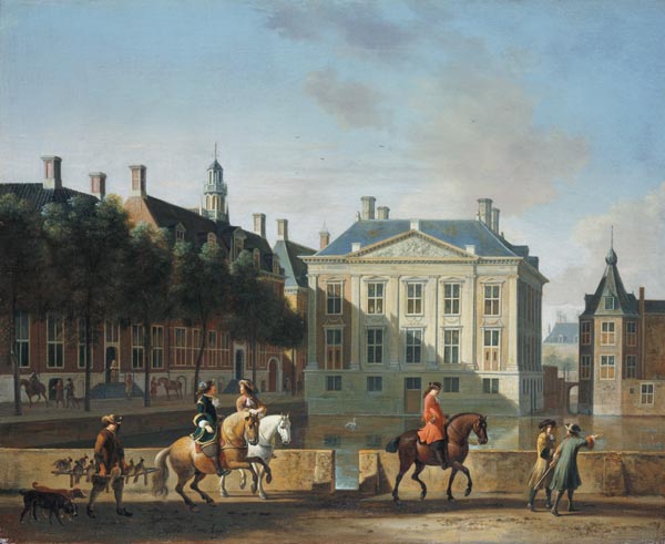 The Mauritshuis from the Langevijverburg, the Hague, with hawking party in the foreground à Gerrit Adriaensz Berckheyde