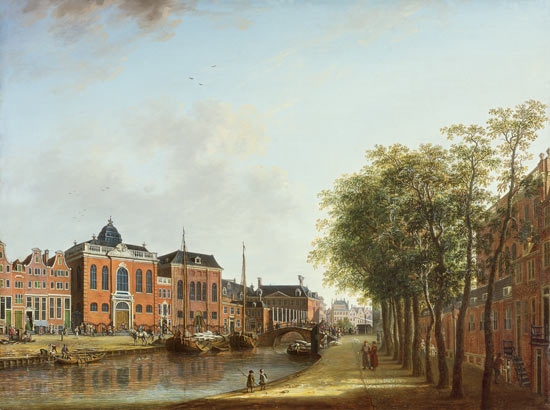 View of the Kloveniersburgwal in Amsterdam, with the Waag, and barge moored in the front of Trippenh à Gerrit Adriaensz Berckheyde
