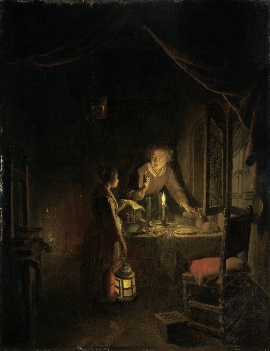 Woman Tidying the Supper Table à Gerrit Dou