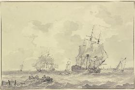 Schiffe bei bewegter See, eines löst eine Kanone, vorne zwei Ruderboote