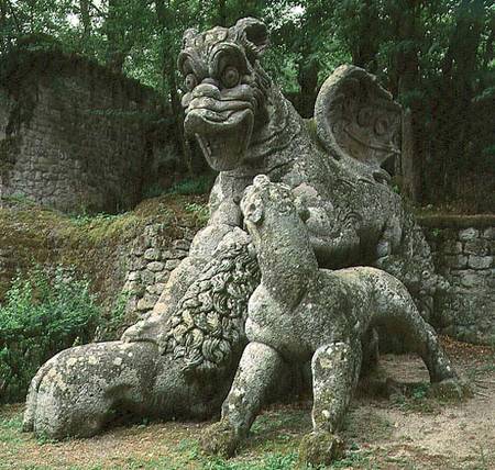 Dragon fighting a lion, sculpture from the Parco dei Mostri (monster park) gardens laid out between à Giacomo Barozzi  da Vignola