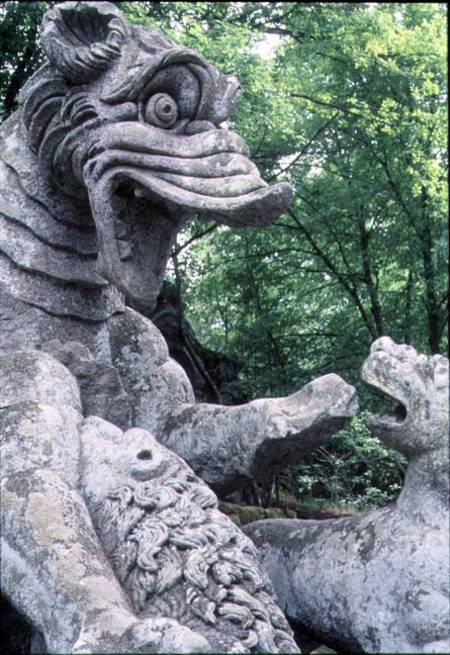 Monsters fighting, stone sculpture in the Parco dei Mostri (Monster Park), gardens laid out between à Giacomo Barozzi  da Vignola