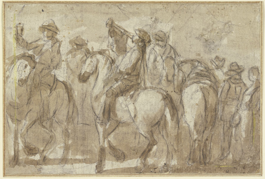 Blasender Trompeter zu Pferde, umgeben von mehreren Reitern à Giacomo Cortese