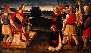 Saint Laurent avec les bras devant l'empereur romain Valerian à Giacomo Pacchiarotti