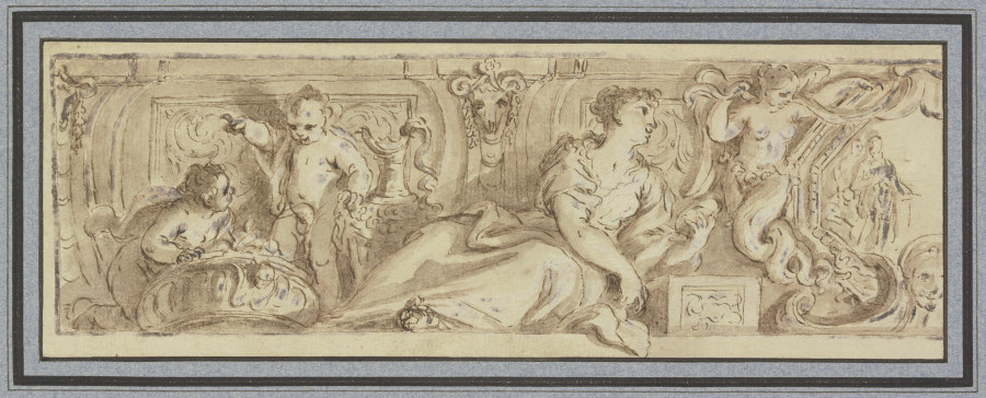 Friesartiges Ornament mit einer liegenden weiblichen Figur, zu ihren Füssen zwei Amoretten bei große à Giambattista Zelotti