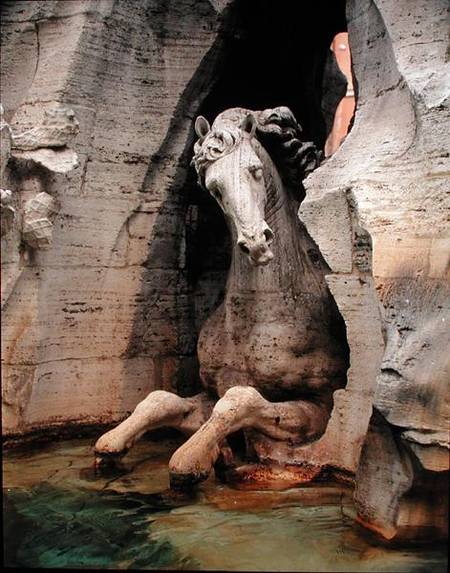 The Fountain of the Four Rivers, detail of a horse, 1648-51 (granite, marble & travertine) à Gianlorenzo Bernini