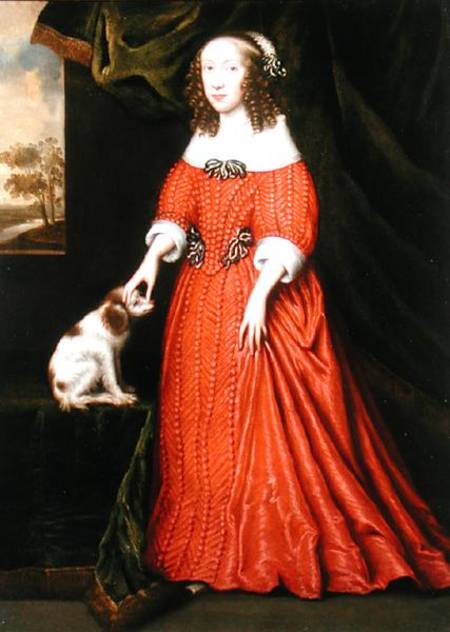 Portrait of a Young Lady in a Red Dress with a pet Spaniel à Gilbert Jackson