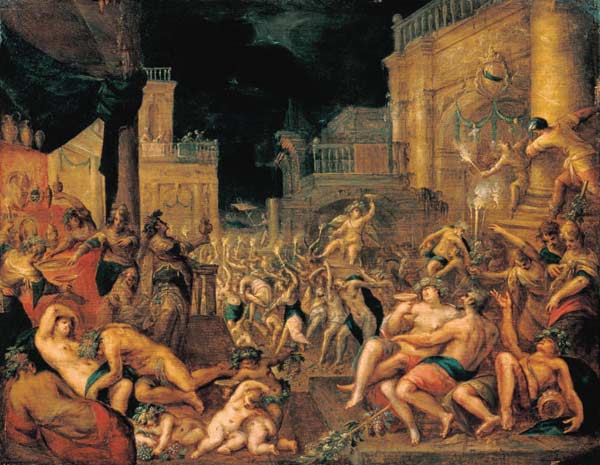 Midas feiert ein Fest zu Ehren von Bacchus und Silen. à Gillis van Valckenborch