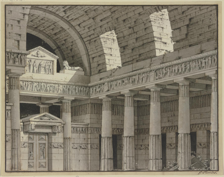 Dorische Säulenhalle mit Rundbogengewölbe und einem Portal mit einer Sphinx à Giorgio Fuentes