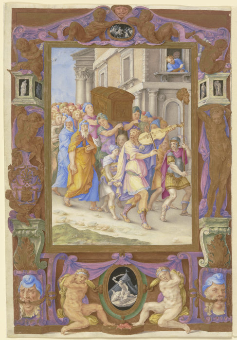 King David Dancing before the Ark of the Covenant, in a Decorative Frame à Giorgio Giulio Clovio