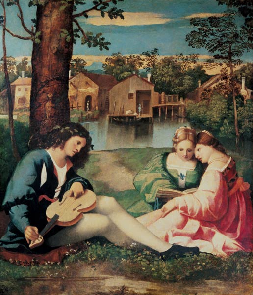Youth with a guitar and two girls sitting on a river bank à Giorgione (alias Giorgio Barbarelli ou da Castelfranco)