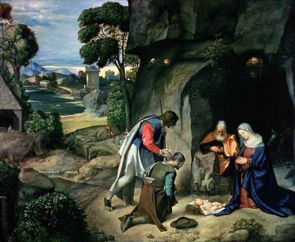 The Adoration of the Shepherds (The Allendale Nativity) à Giorgione (alias Giorgio Barbarelli ou da Castelfranco)