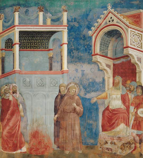 The Trial by Fire, St. Francis offers to walk through fire, to convert the Sultan of Egypt in 1219 à Giotto di Bondone